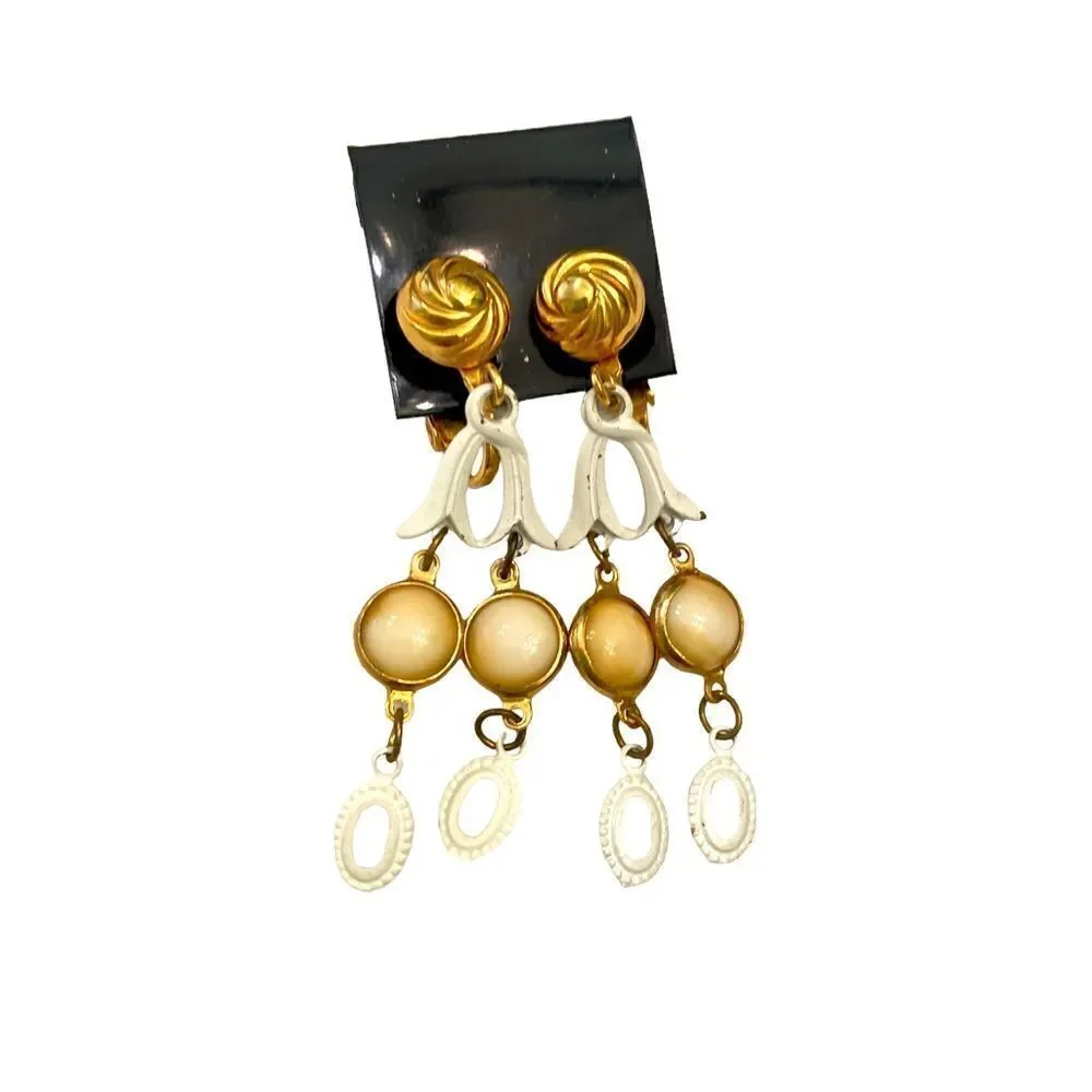 New Vintage 1990’s soft clip on drop earrings gold tone swirl & white enamel